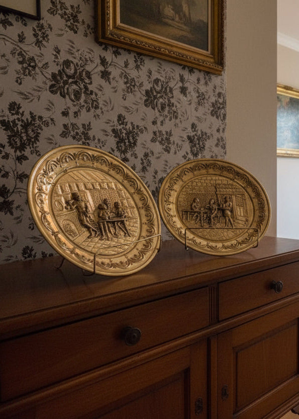 Antique Victorian English Brass Repoussé Tavern Scene Plates (c.1900–1925) | Set Of 2
