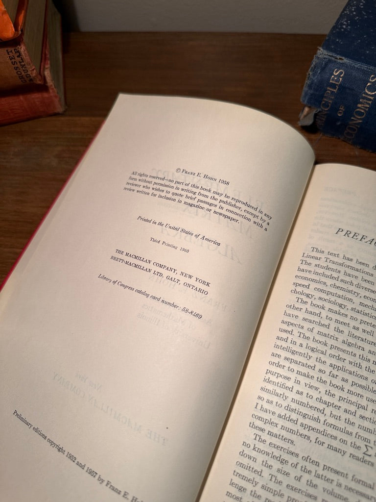 Elementary Matrix Algebra by Franz E. Hohn, 1960 Third Printing, Red Cloth Hardcover