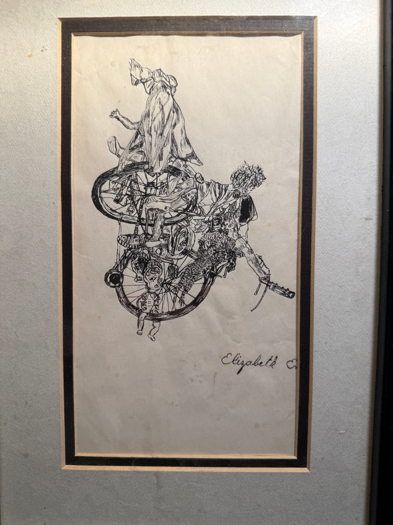 Mid Century Signed Figurative Ink Drawing of Figures Entwined with Bicycle c. 1950s