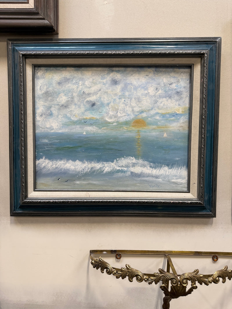 Vintage Signed Sunrise Seascape Oil Painting, Framed, c. 1970–2000