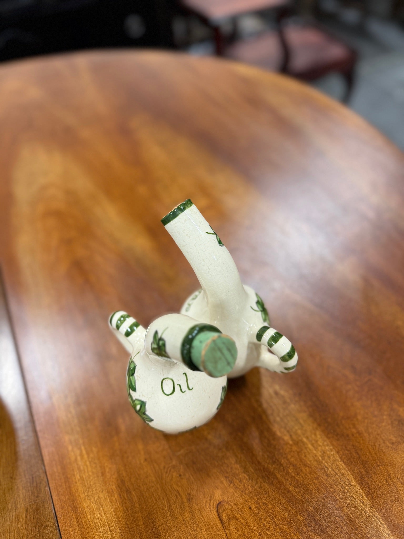 Vintage Mid Century Ceramic Oil and Vinegar Cruet with Hand-Painted Ivy c 1950s