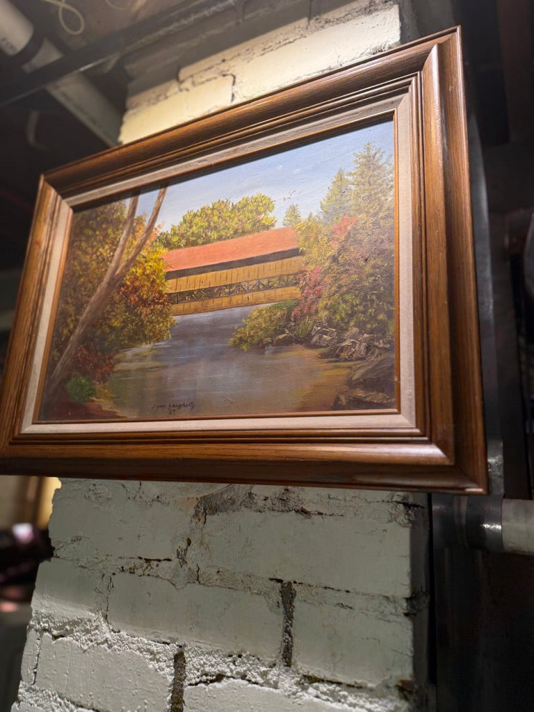 Terry Daugherty Covered Bridge Landscape (1987) | Signed Oil Painting on Canvas