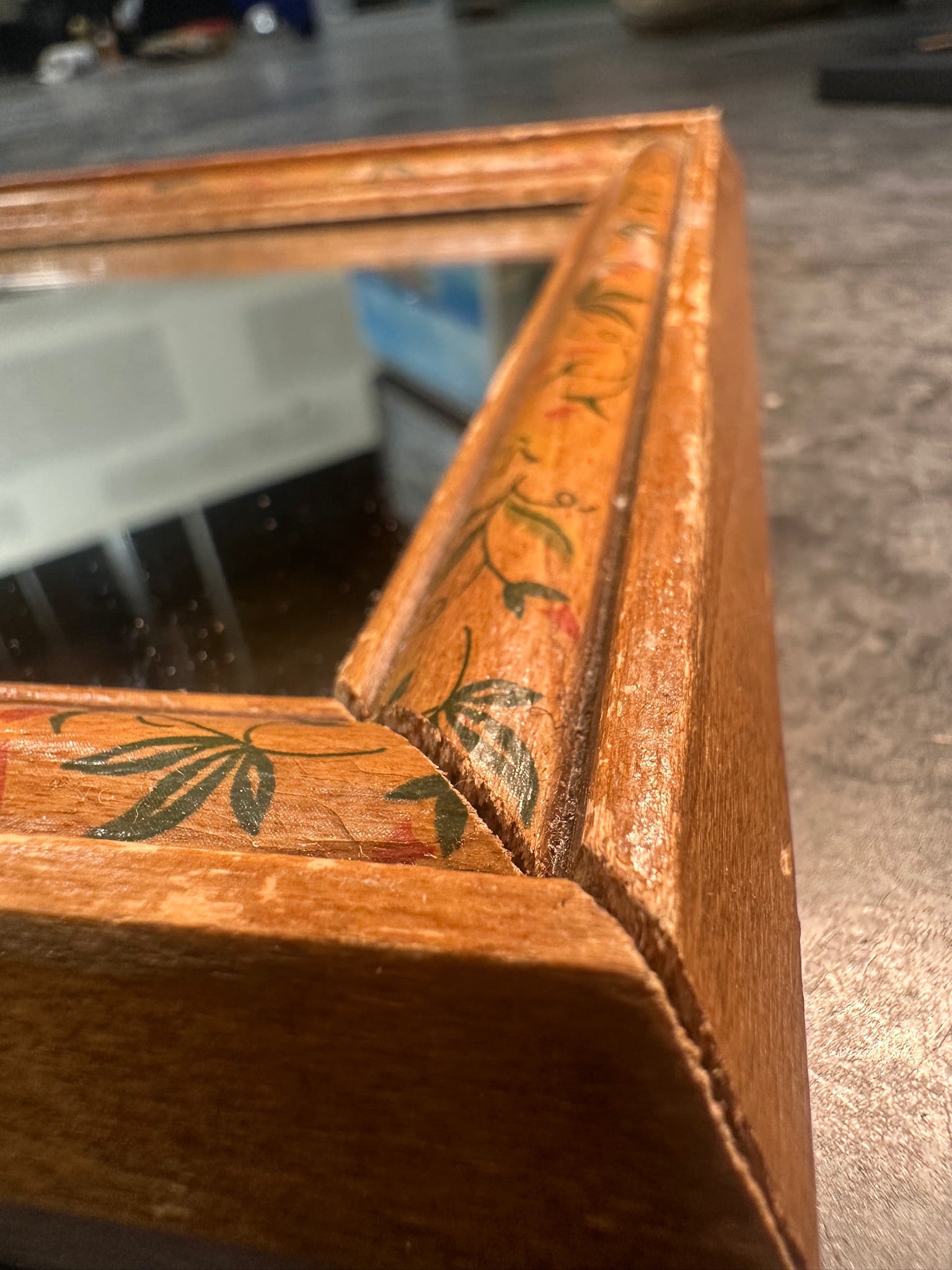 Hand Painted Floral Square Frame Mid Century Mirror, c. 1930s–1950s Vintage Mirror