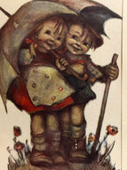 Berta Hummel Children Under Umbrella Prints (1931 & 1936) | Antique German Illustration Pair