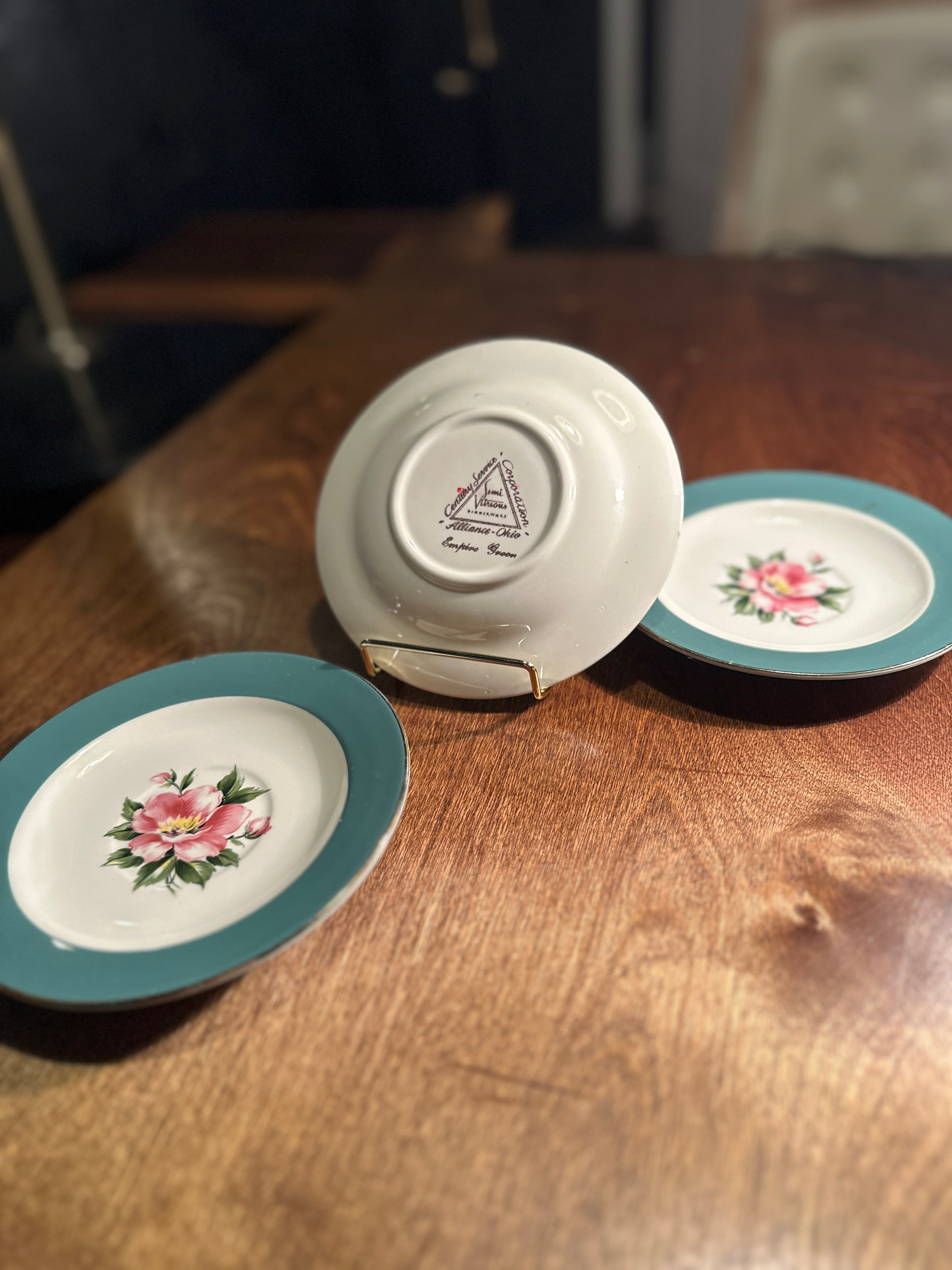 Set of 3 Vintage Century Service Vitreous China Plates in Empire Green, c. 1940s–1950s