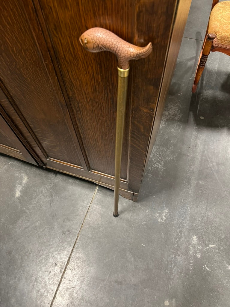 Vintage 1940s Brass Walking Cane With Carved Fish Handle