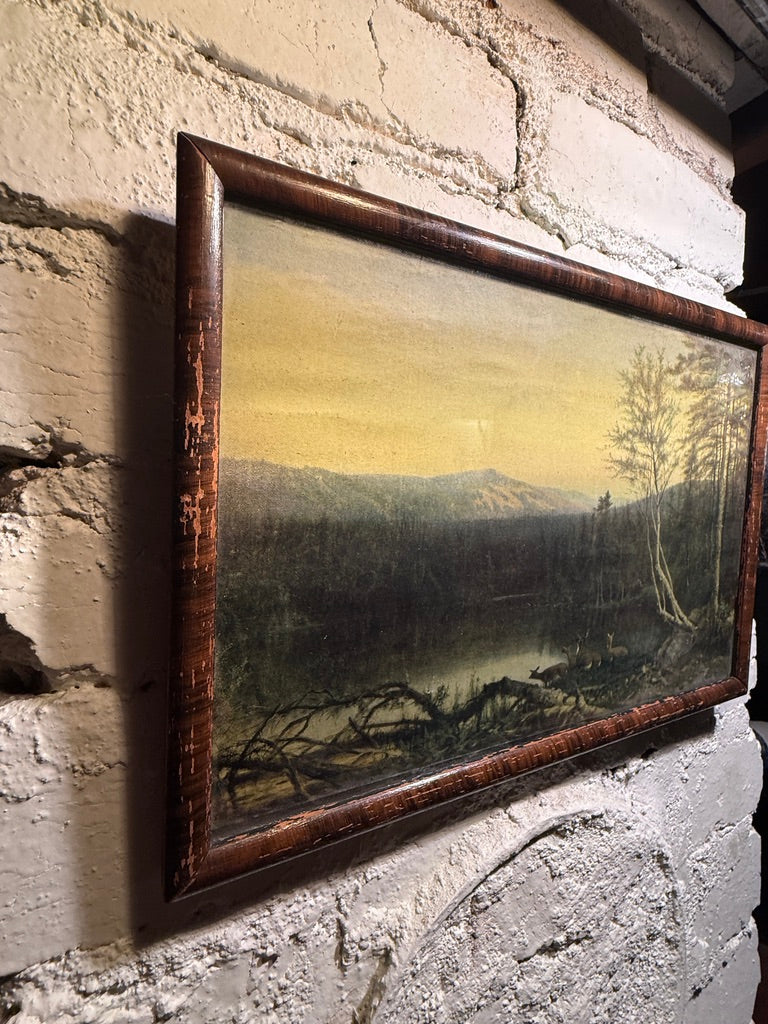 Antique American Tonalist Landscape Print with Deer c.1895–1915