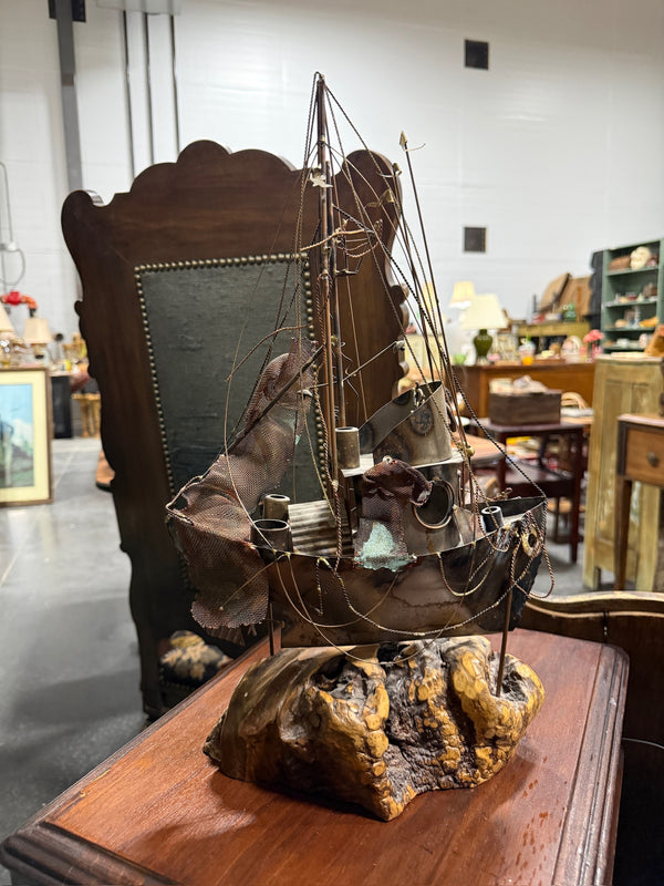 Vintage Brutalist Torch-Cut Ship Sculpture on Burl Base, c. 1965–1980