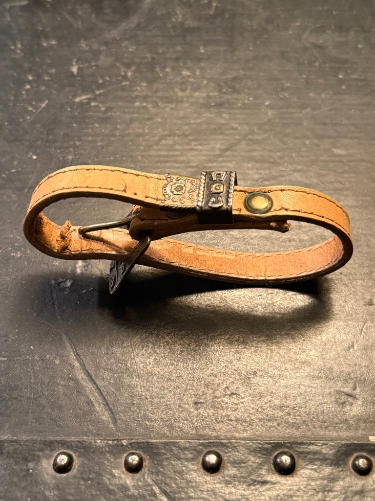 c. 1910–1930 Antique Leather Pet Collar with Engraved Metal Buckle