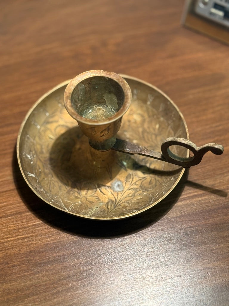 Antique Brass Chamberstick Candle Holder with Floral Engravings – Reno, NV Antiques