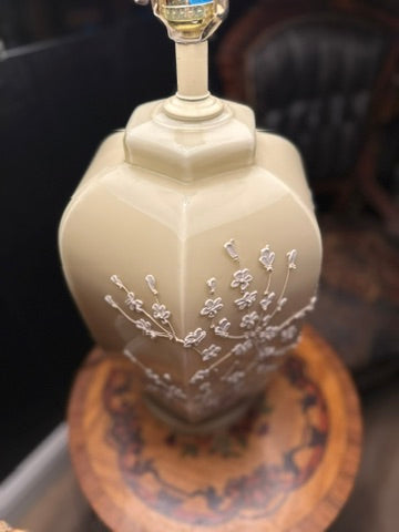 Vintage Embossed Floral Ceramic Table Lamp with Linen Shade | Elegant Neutral Accent Lamp