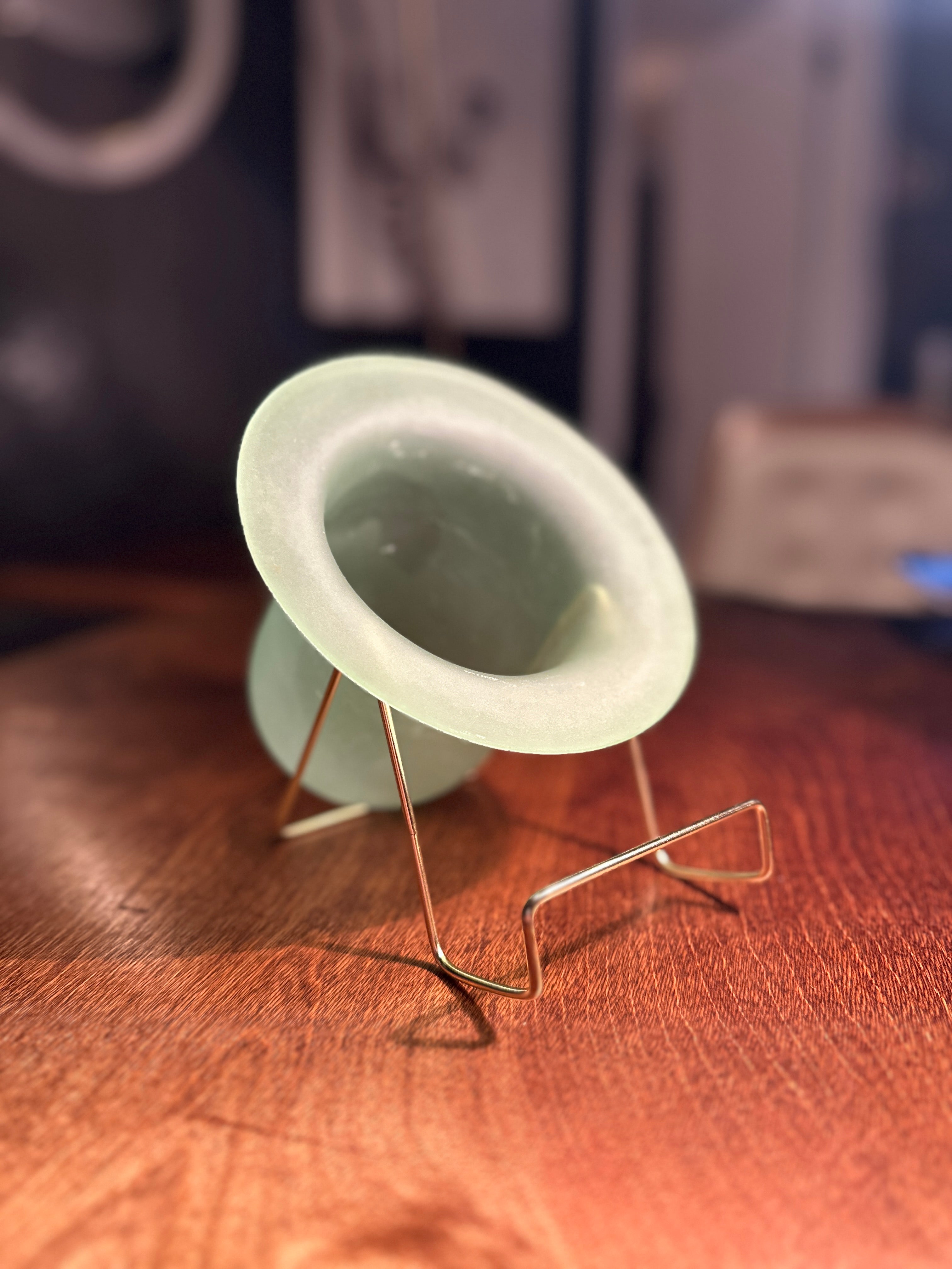 Vintage Frosted Green Art Glass Vase with Brass Stand | Mid-Century Modern Sculptural Vessel