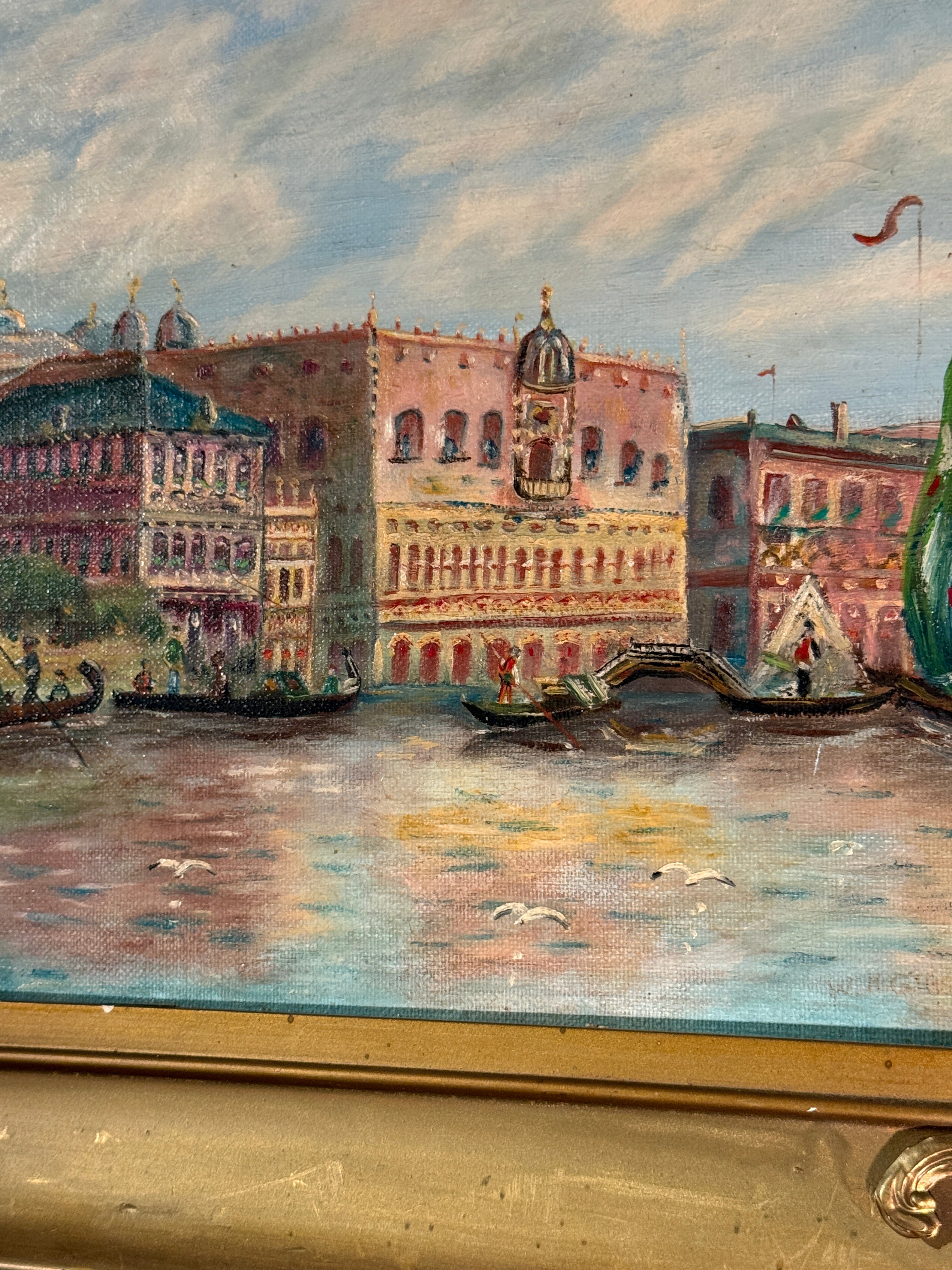W.H. Gibson Venetian Harbor Oil Painting in Gilt Frame