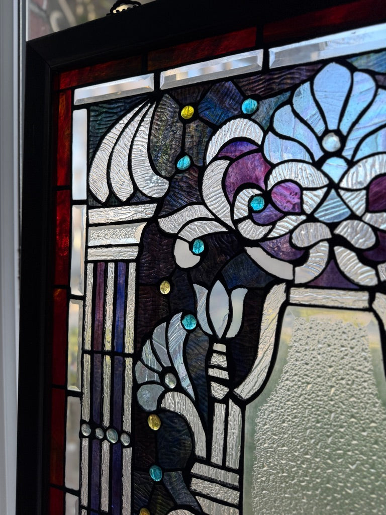 Antique Art Nouveau Stained Glass Window Panel c.1900–1915 – Floral Leaded Glass with Jewels
