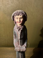 Three Hand-Painted Victorian Caroler Figures, Elongated Folk-Art Modelling with Dry-Brushed Antique Finish, Muffs, Bonnets and a Bell-Hung Wreath, Sold as a Set, c. 1985–2000