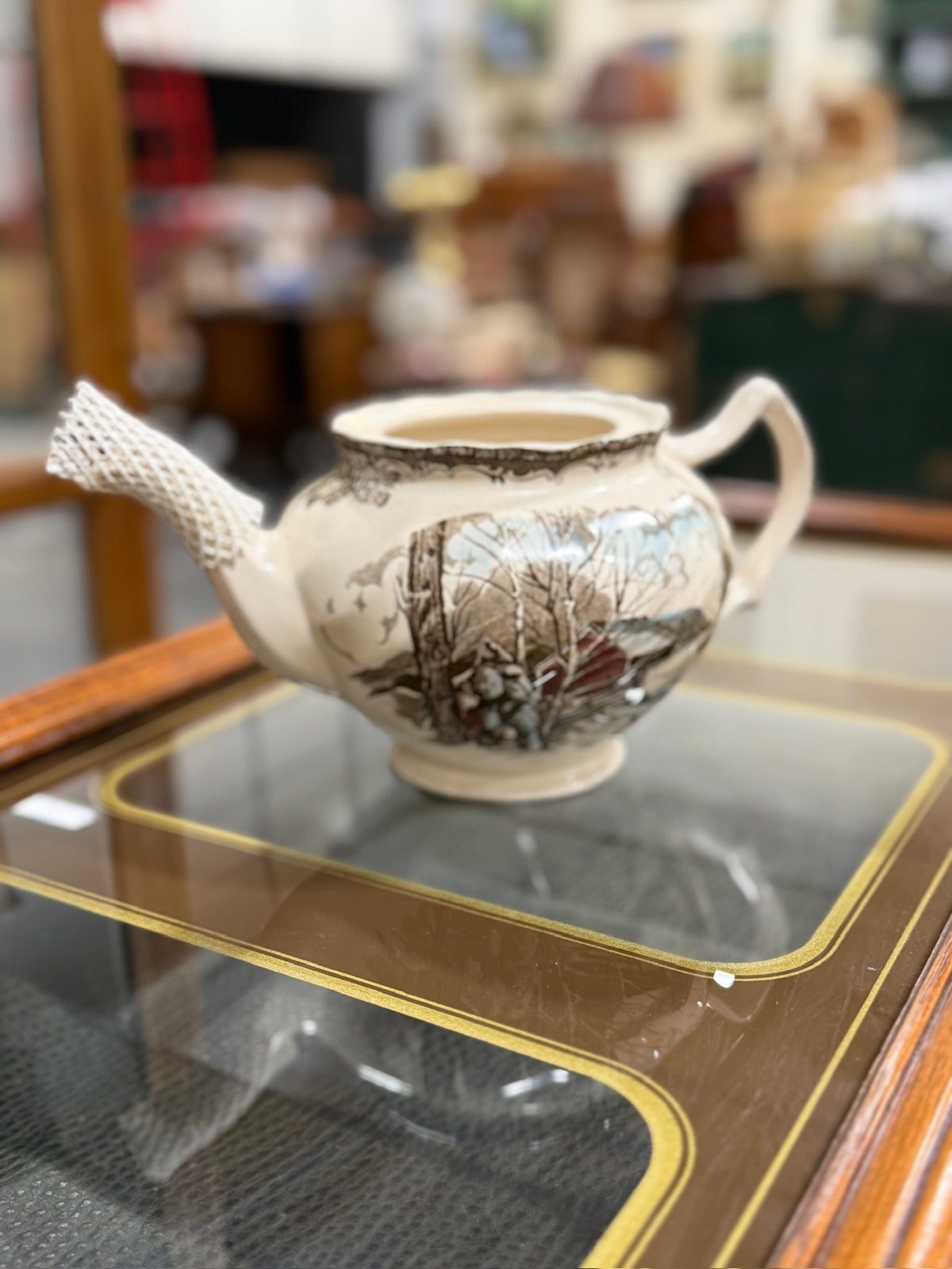 Johnson Brothers “The Friendly Village” Teapot Body, Sugar Maples Scene with Basketweave Spout, Lid Absent, England, 1953 Onward