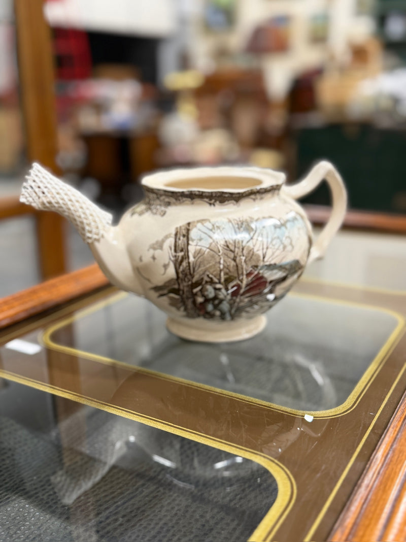 Johnson Brothers “The Friendly Village” Teapot Body, Sugar Maples Scene with Basketweave Spout, Lid Absent, England, 1953 Onward
