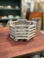 Vintage Hexagonal Slatted Wood Basket with Rope Beckets, c. 1920–1955