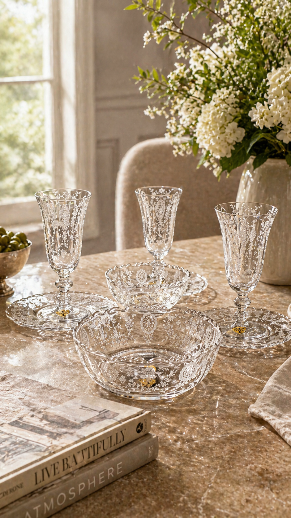 Vintage Tiffin Etched Glass Serving & Stemware Set c. 1940s–1960s