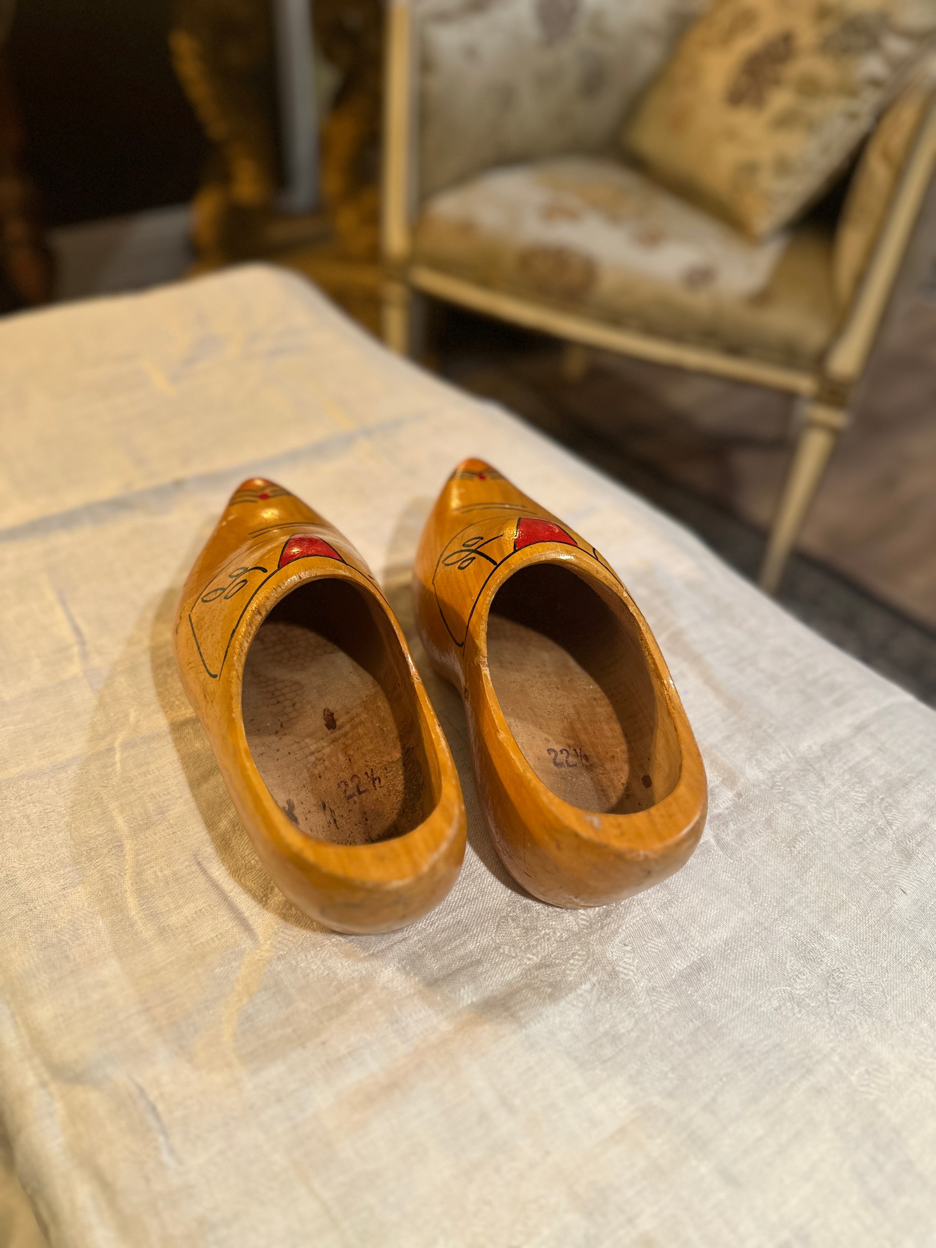 Vintage Painted Dutch Wooden Clogs, Size 22.5 cm, c. 1950s–1970s