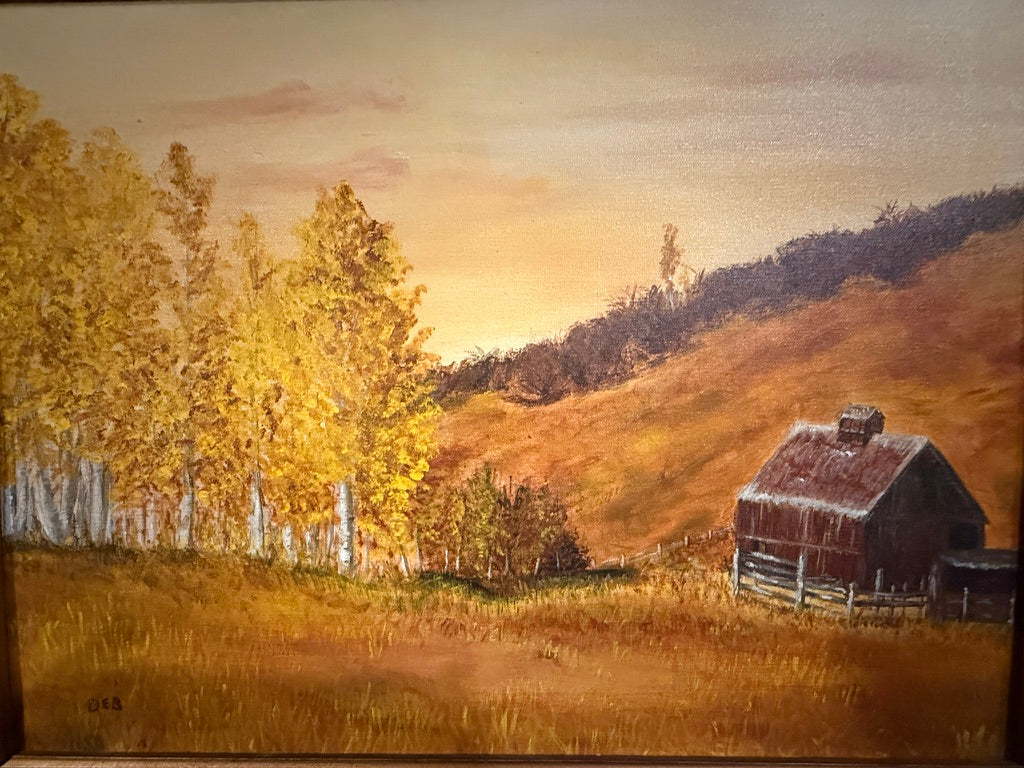 Vintage Landscape Painting, Old Ranch In Autumn Signed DEB, c. Mid Century