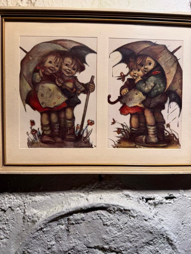 Berta Hummel Children Under Umbrella Prints (1931 & 1936) | Antique German Illustration Pair
