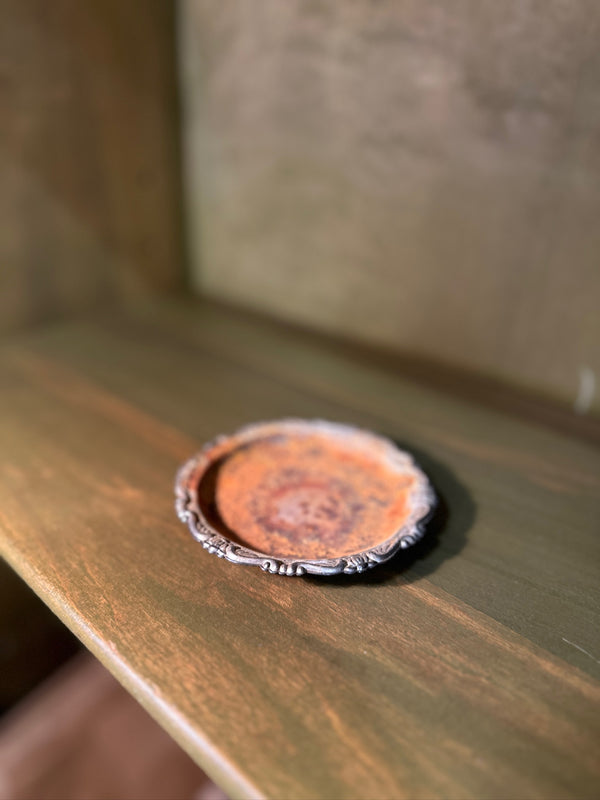 Silver-Plated Coaster with Shell and Scroll Rim on Four Ball Feet, Marked EP on Steel, Heavy Oxidation to the Well, c. 1950–1975