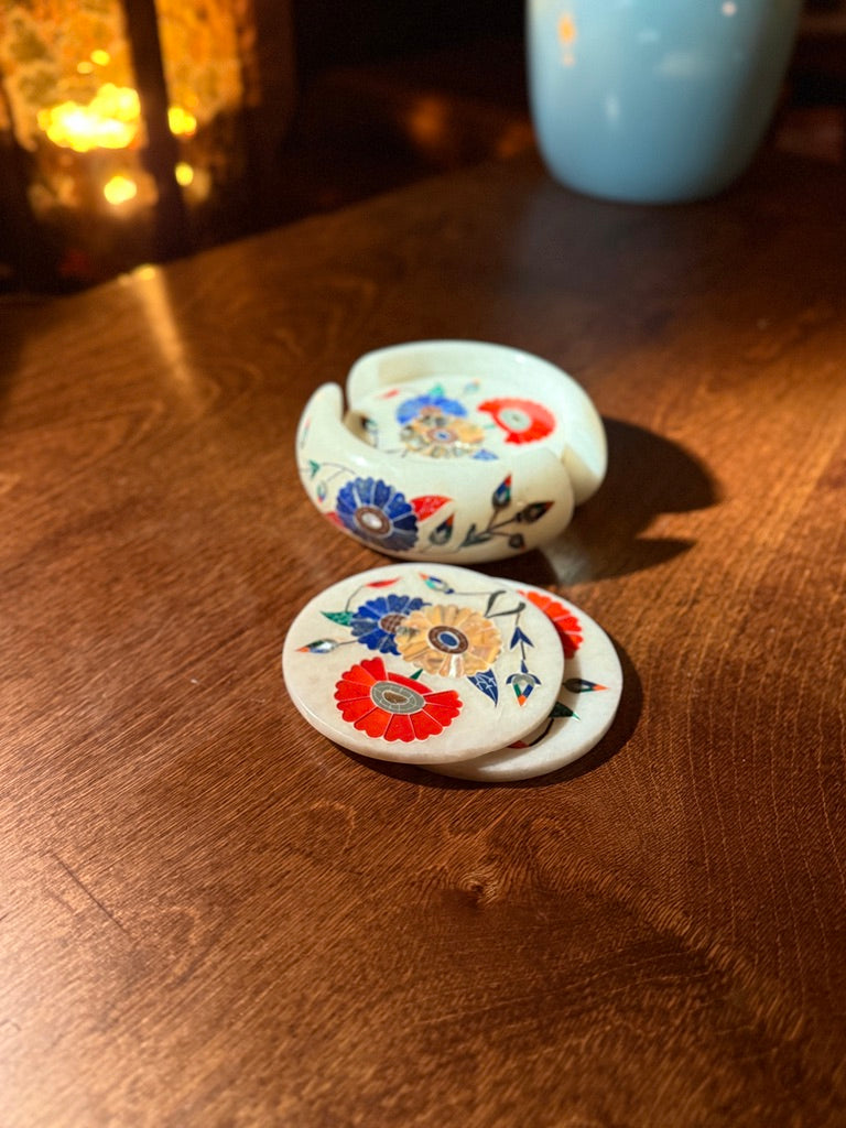Italian Pietra Dura Marble Coaster Set with Floral Inlay, Mid-20th Century