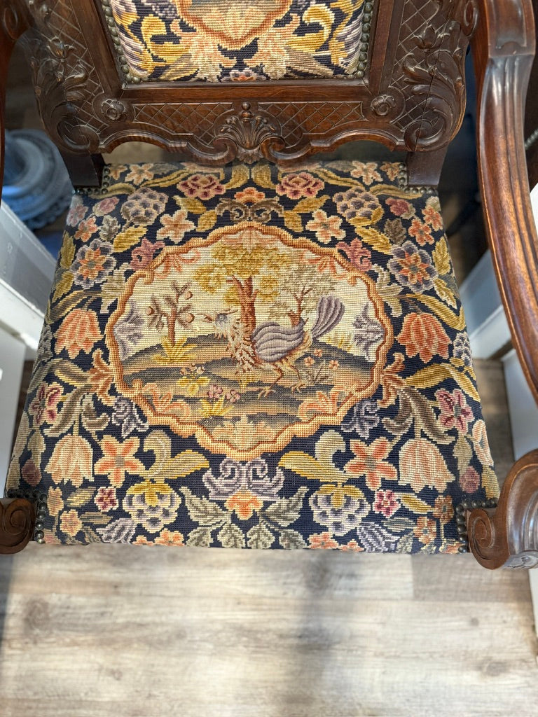 c.1870 French Renaissance Revival Carved Armchair with Antique Needlepoint