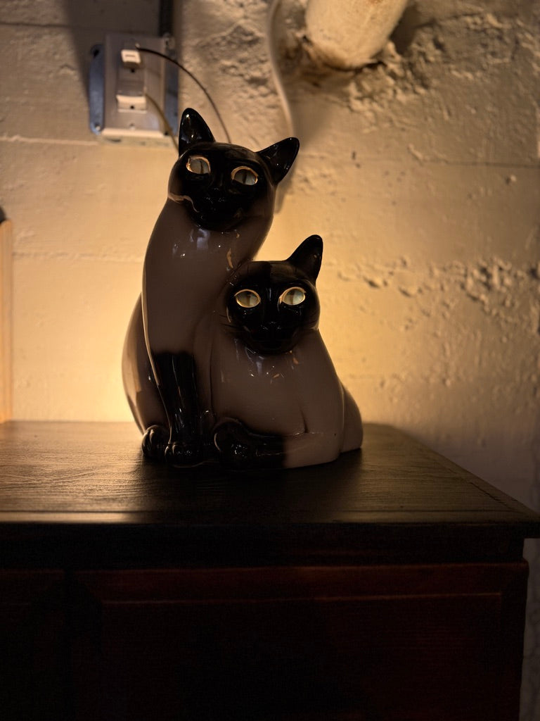 Porcelain Siamese Cat Lamp, Mid-Century Figural (c 1952)