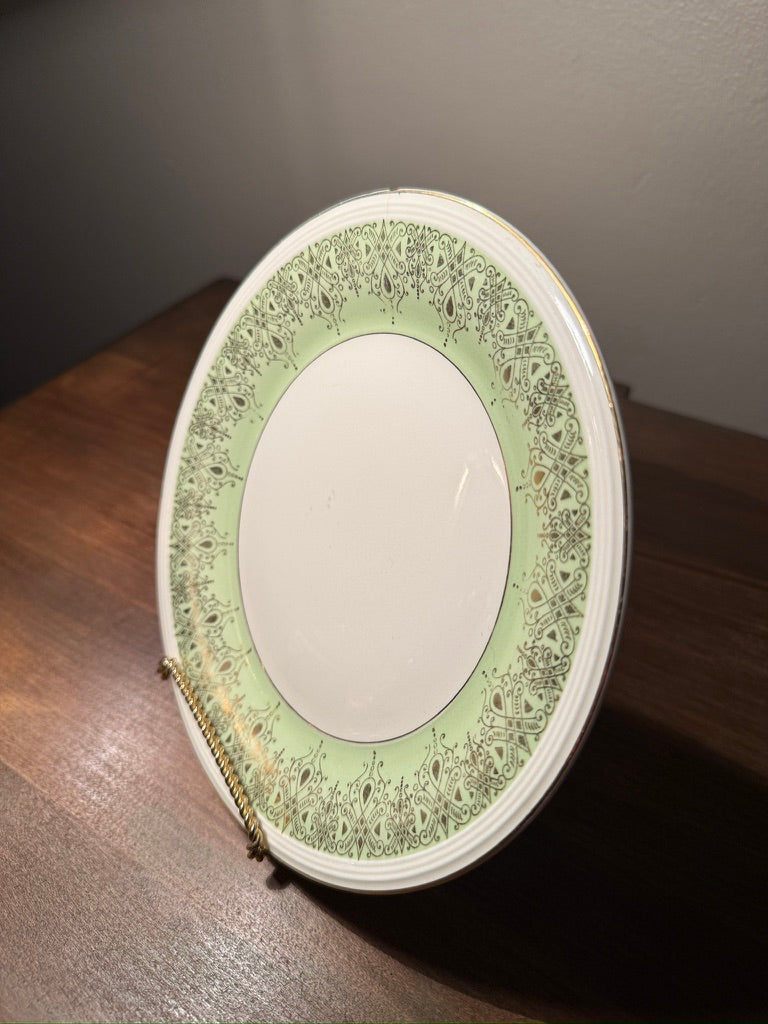 Knowles China “22 Karat Gold” Plate with Green Filigree Border, USA, c. 1940s–1950s