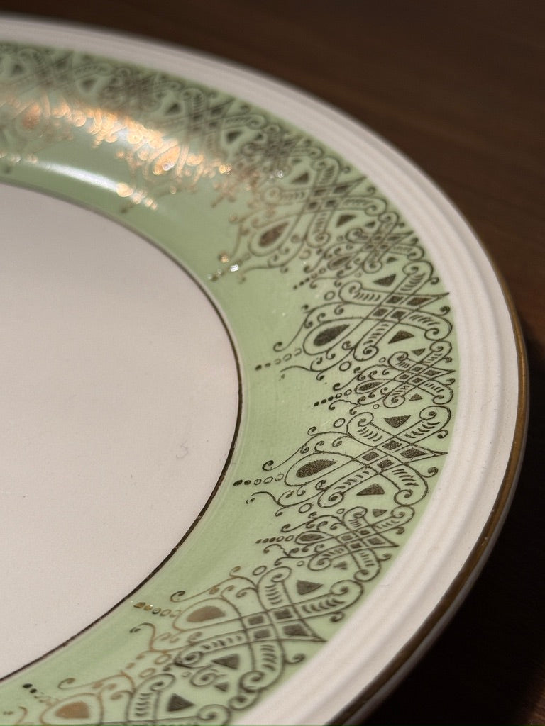 Knowles China “22 Karat Gold” Plate with Green Filigree Border, USA, c. 1940s–1950s