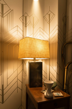 Mid-Century Modernist Brutalist Ceramic Table Lamp with Geometric Relief Base and Verdigris Patina, Circa 1950s–1960s