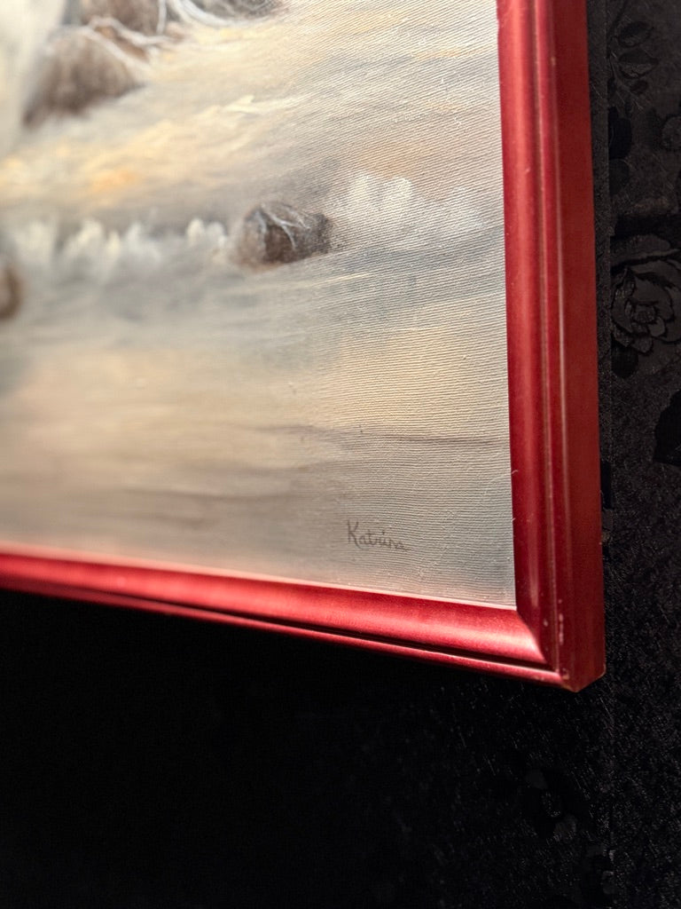 Signed Katrina Coastal Seascape Oil Painting (20th Century) – Misty Shoreline with Seabirds