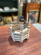 Vintage Hexagonal Slatted Wood Basket with Rope Beckets, c. 1920–1955