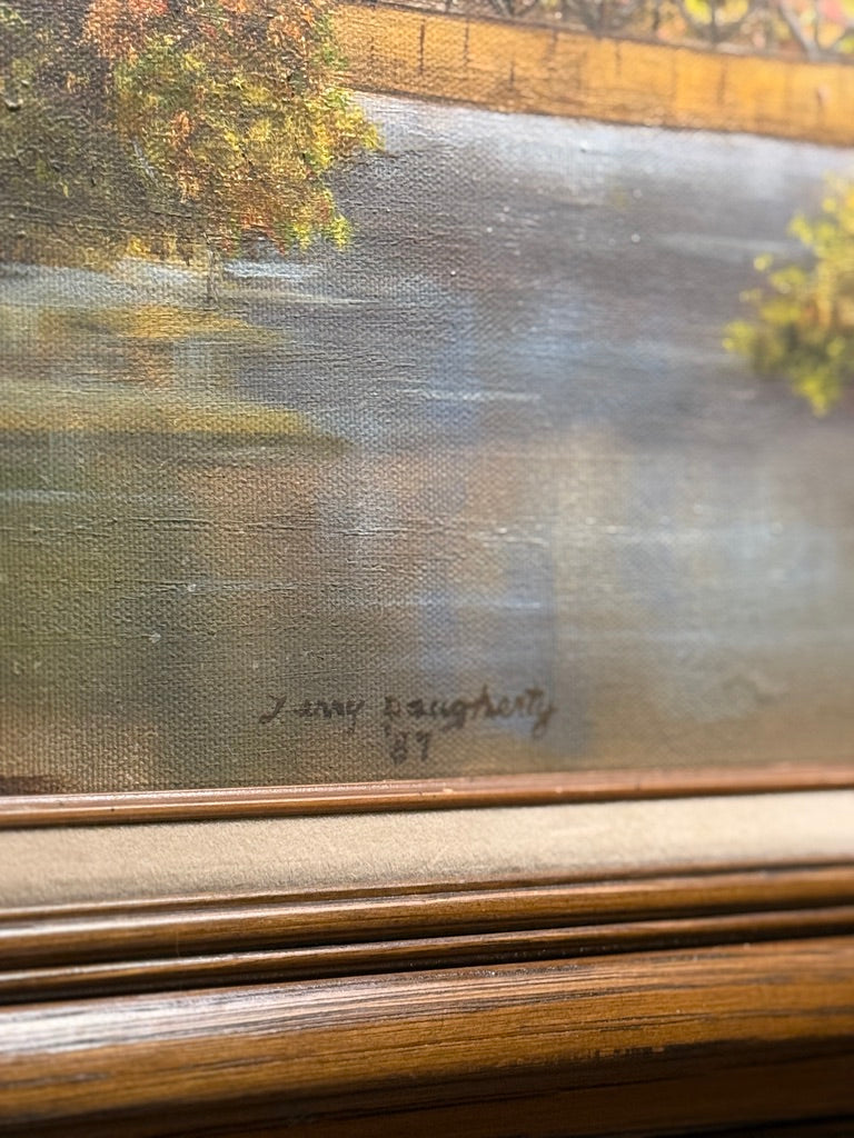 Terry Daugherty Covered Bridge Landscape (1987) | Signed Oil Painting on Canvas