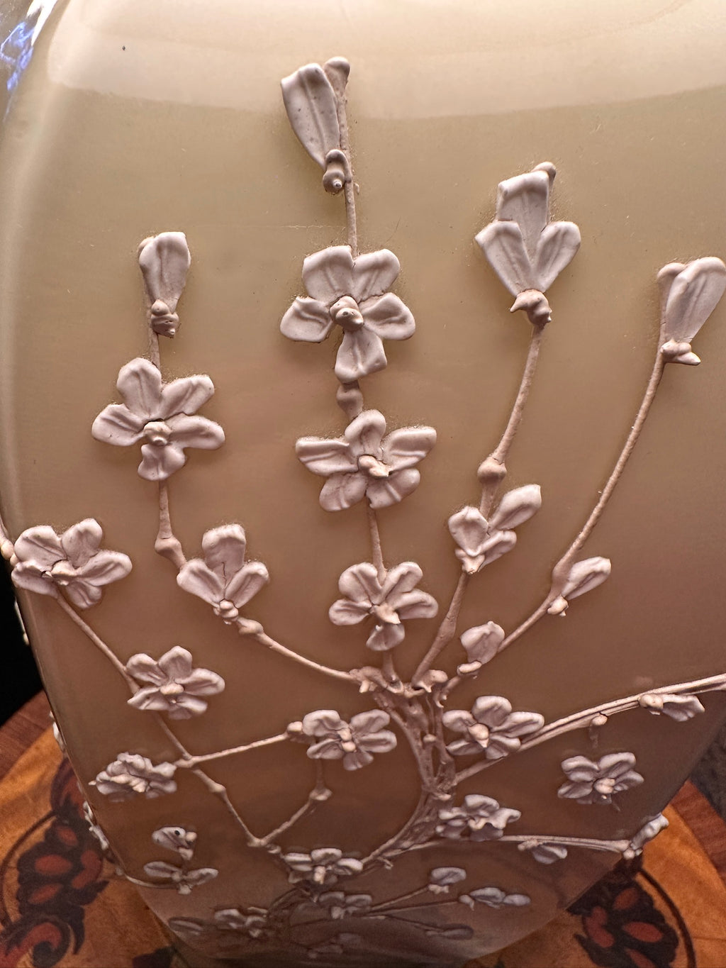 Vintage Embossed Floral Ceramic Table Lamp with Linen Shade | Elegant Neutral Accent Lamp