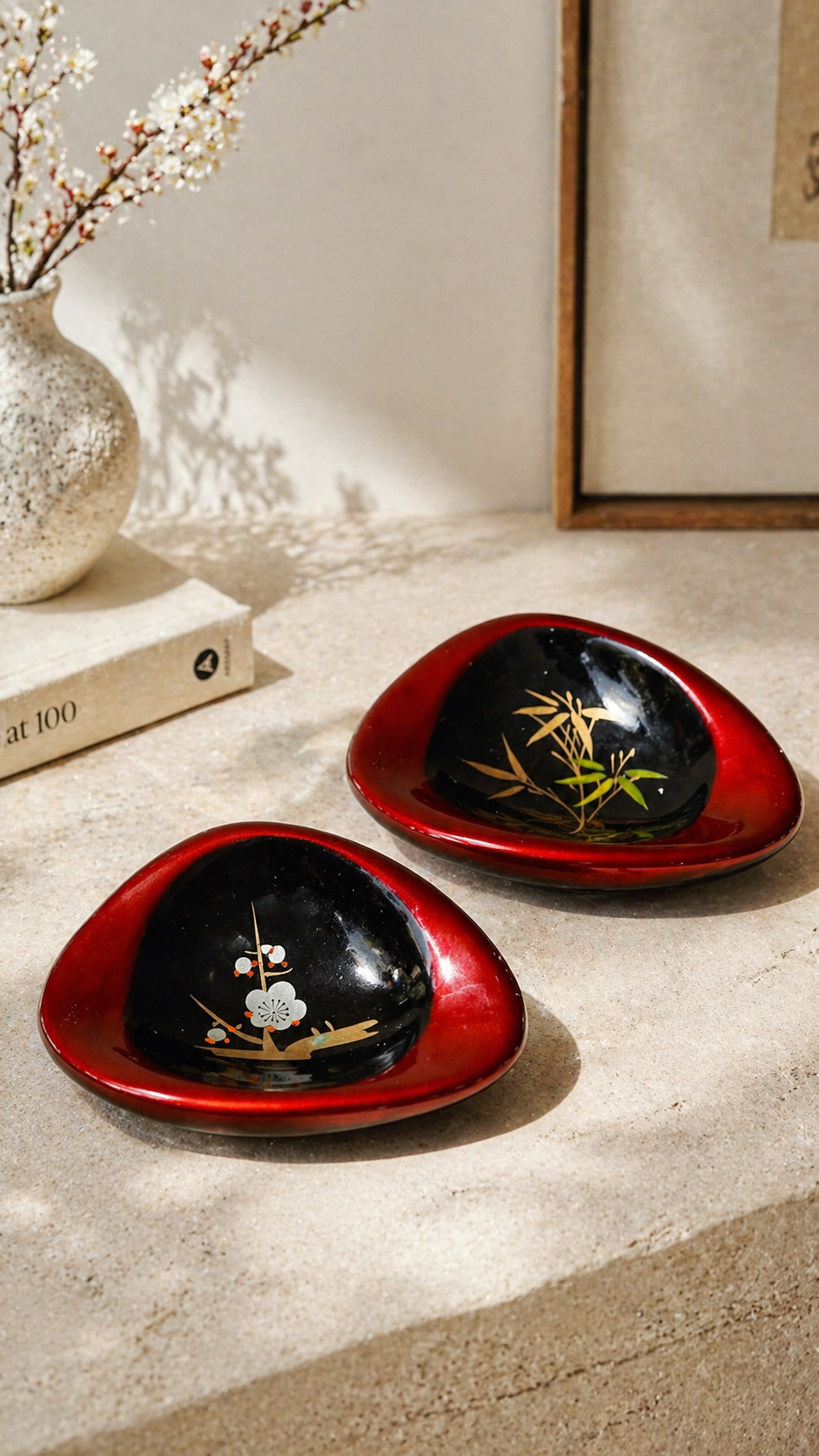 Vintage Japanese Lacquer-Style Trinket Dishes (Pair) c. 1950s–1970s