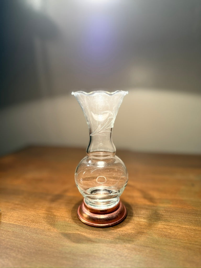 Hand-Blown Glass Bud Vase with Acid-Etched Motif & Solid Brass Base, c. 1920s–1940s