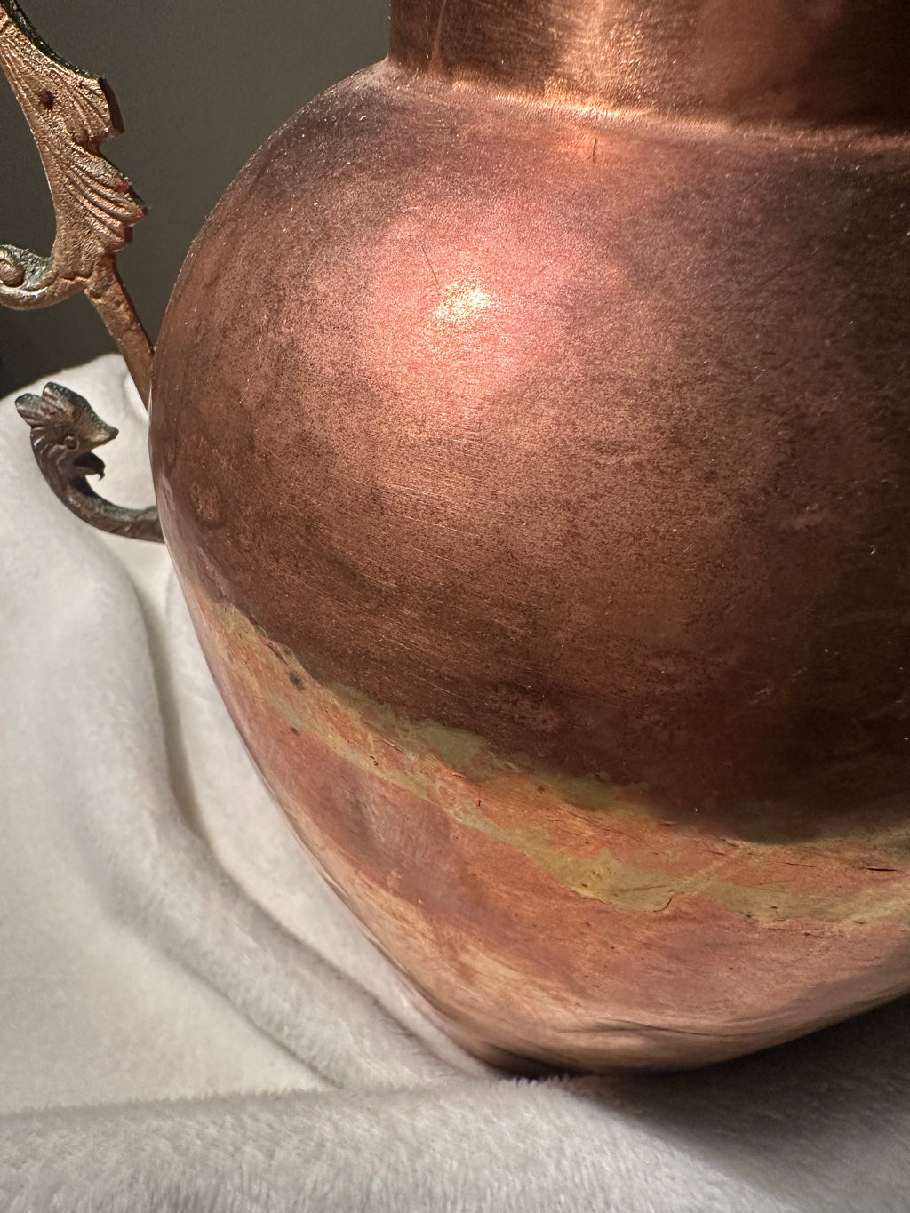 Large Hammered Copper Amphora Urn Vase with Ornate Cast Handles, c. 1930s–1950s