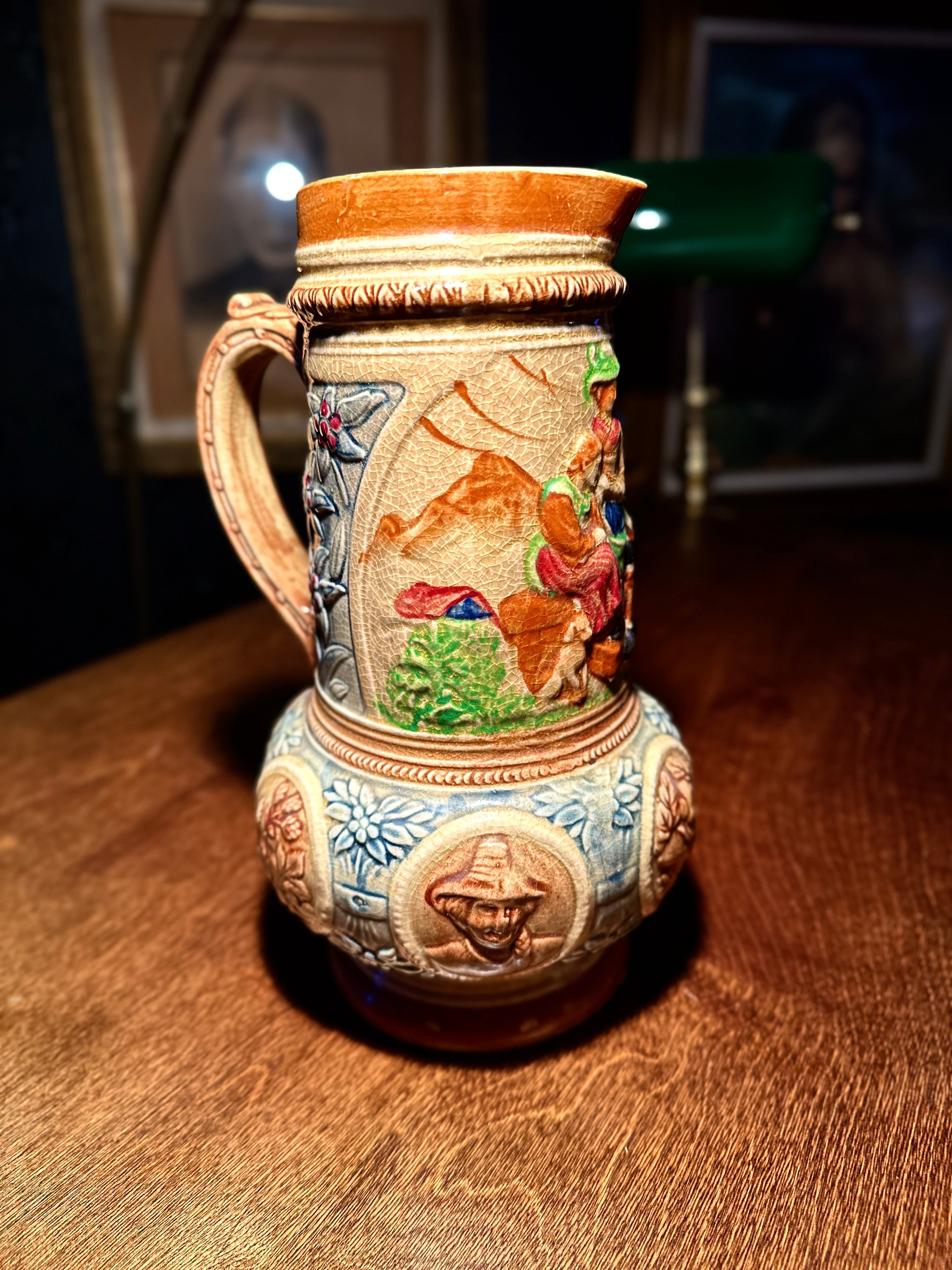 Antique German Relief-Molded Ceramic Pitcher, c. 1900–1920