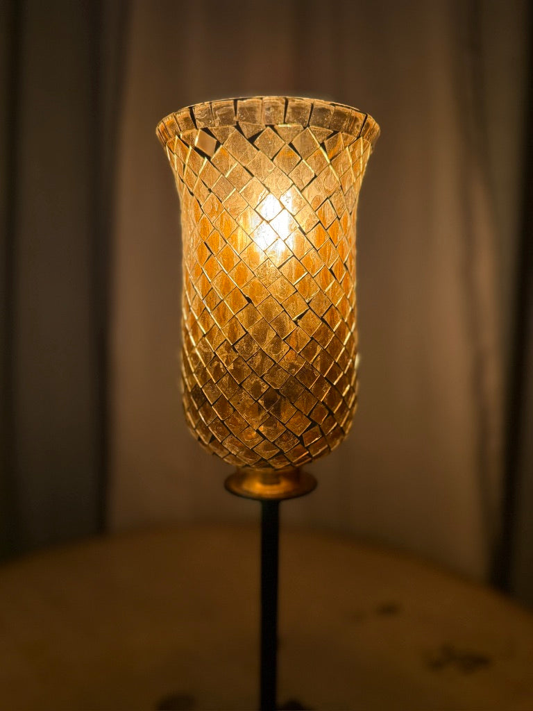 Art Nouveau Amber Mosaic Glass Tulip Lamp on Cast Iron Tripod Base (c.1900–1920)