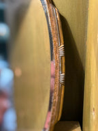 Art Deco Gilt-Metal Hand Mirror, Graduated Green and Cream Enamelled Back with Gold Pinstriping, Stepped Fan Palmette and Reeded Handle, Bevelled Plate, c. 1925–1940