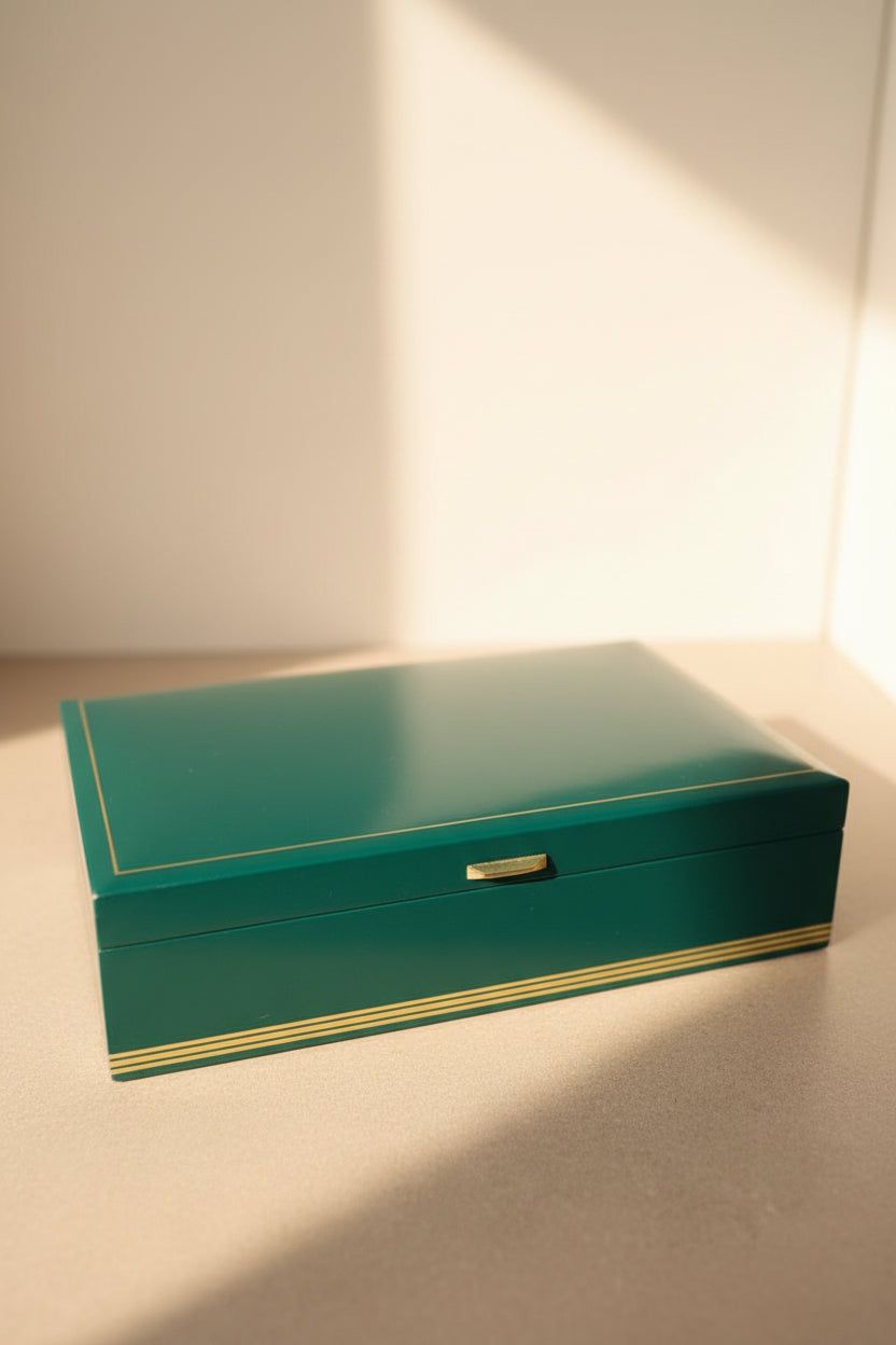 Vintage Mele Jewelry Box, Emerald Green with Ivory Interior, c. 1950–1970