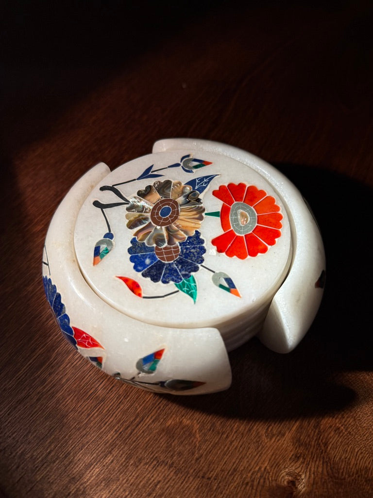 Italian Pietra Dura Marble Coaster Set with Floral Inlay, Mid-20th Century