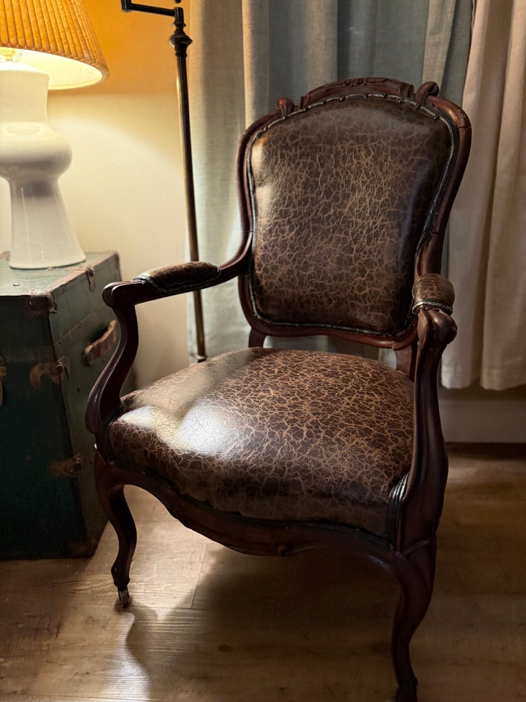 Antique Victorian Armchair Reupholstered in Distressed Brown Leather c. 1880–1900