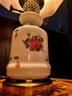Vintage Floral Milk Glass Table Lamp with Bowed Paneled Shade | Petite Cottage Accent Lamp
