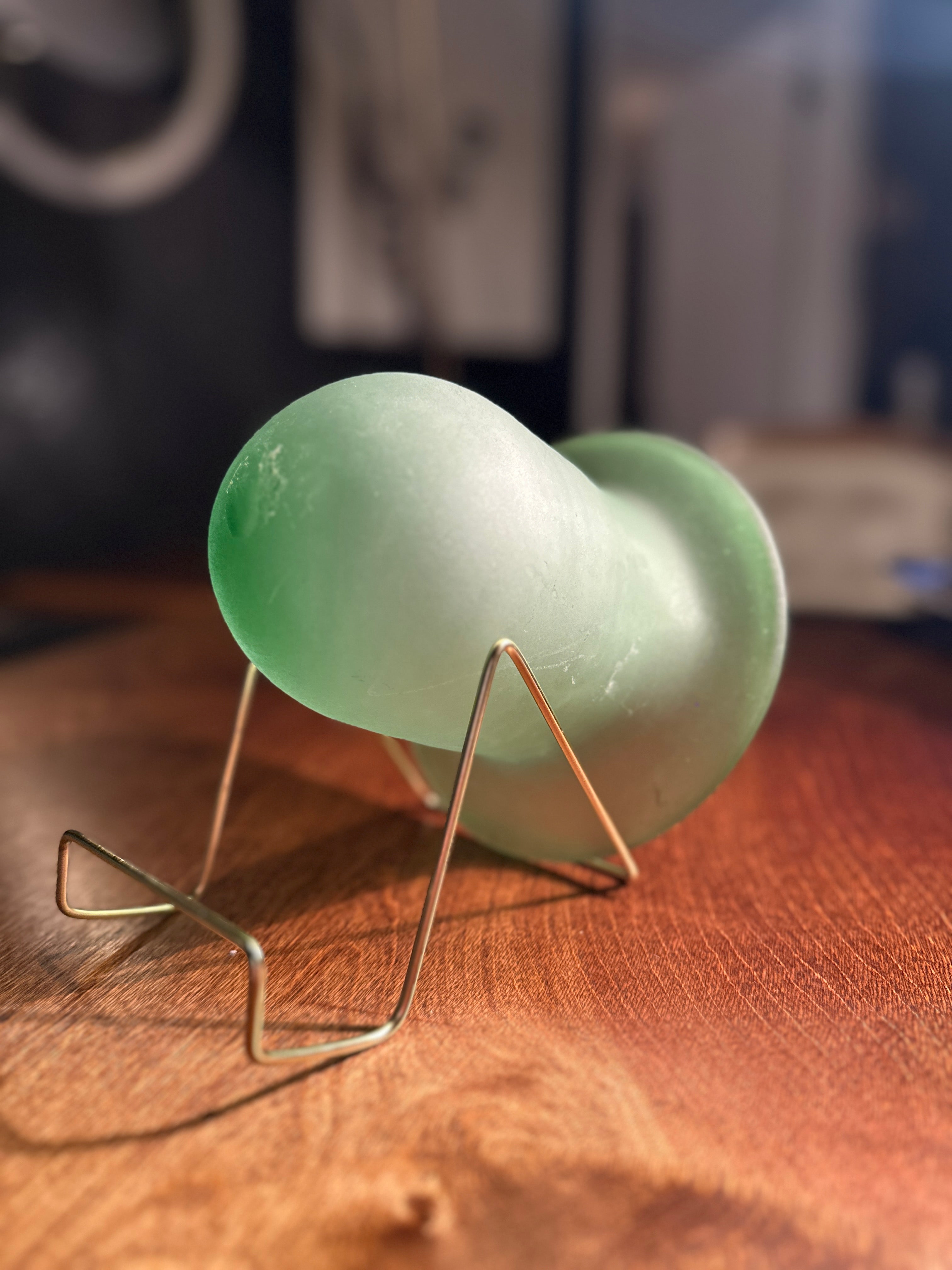 Vintage Frosted Green Art Glass Vase with Brass Stand | Mid-Century Modern Sculptural Vessel