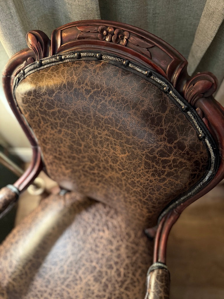 Antique Victorian Armchair Reupholstered in Distressed Brown Leather c. 1880–1900