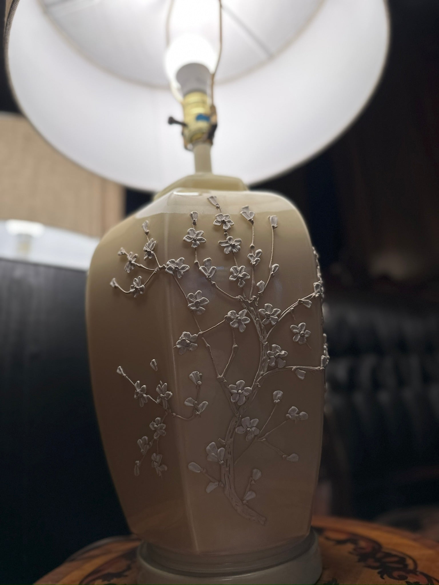Vintage Embossed Floral Ceramic Table Lamp with Linen Shade | Elegant Neutral Accent Lamp